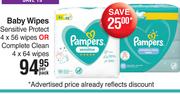 Pampers Baby Wipes Sensitive Protect 4 x 56 Wipes Or Complete Clean 4 x 64 Wipes-Per Pack