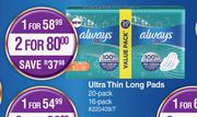 Always Ultra Thin Long Pads (20 Pack/16 Pack)-For 1