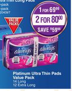 Always Platinum Ultra Thin Pads Value Pack (14 Long/12 Extra Long)-For 1