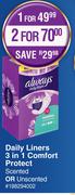 Always Daily Liners 3 In 1 Comfort Protect (Scented Or Unscented)-For 1