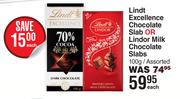 Lindt Excellence Chocolate Slab Or Lindor Milk Chocolate Slabs Assorted-100g Each