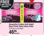 Always DreamZzz Cotton Soft Night Maxi Thick Pads Value Pack (Extra Long Night)-16 Per Pack 