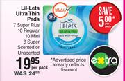 Lil-Lets Ultra Thin Pads 7 Super Plus, 10 Regular, 10 Mini, 8 Super Scented Or Unscented-Per Pack