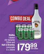 Malibu Liqueur (All Variants) 750ml And Hall & Bramley Lemonade 6x200ml-Per Combo