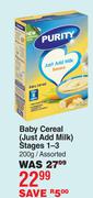 Purity Baby Cereal Just Add Milk Stages 1-3 Assorted-200g