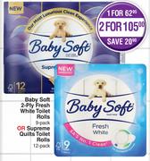 Baby Soft 2-Ply Fresh White Toilet Rolls 9 Pack Or Supreme Quilts Toilet Rolls 12 Pack-Per Pack
