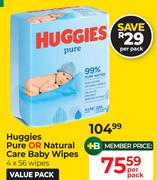 Huggies Pure Or Natural Care Baby Wipes-4 x 56 Wopes Per Pack