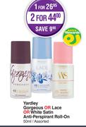 Yardley Gorgeous Or Lace Or White Satin Anti-Perspirant Roll On Assorted-50ml Each