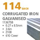 Corrugated Iron Galvanised 3.6m 1136758-0.27 x 8.5mm Each