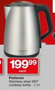 Platinum Stainless Steel 360° Cordless 1.7Ltr Kettle-Each