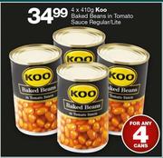 Koo Baked Beans In Tomato Sauce Regular/Lite-4x410g