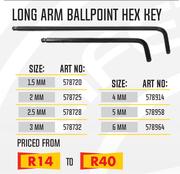 Long Arm Ballpoint Hex Key 1.5mm to 6mm-Each