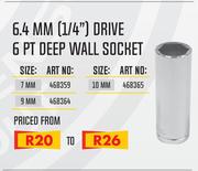 6.4mm (1/4") Drive 6PT Deep Wall Socket 7mm To 10mm-Each