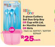 Little One 3 Piece Cutlery Set Duo Grip Boy Or Cup With Lid, 6+ Months Unisex Or Girls-Each