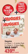 Huggies Extra Care Nappies 2 x Sizes 1-2 Jumbo Pack/2 x Sizes 3-5 Value Pack-Per 2 Pack