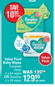 Pampers Value Pack Baby Wipes Complete Clean 4 x 64 Wipes Or Sensitive 4 x 56 Wipes-Per Pack