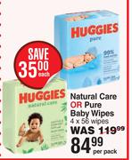 Huggies Natural Care Or Pure Baby Wipes 4 x 56 Wipes Per Pack