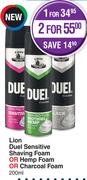 Lion Duel Sensitive Shaving Foam Or Hemp Foam Or Charcoal Foam-For 1 x 200ml 