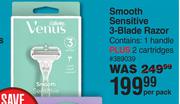 Gillette Venus Smooth Sensitive 3-Blade Razor 389039-Per Pack