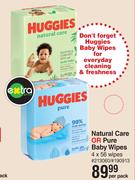 Huggies Natural Care Or Pure Baby Wipes 4 x 56 Wipes-Per Pack