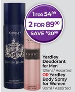 Yardley Deodorant For Men 125ml Or Yardley Body Spray For Women 90ml Assorted-For 1