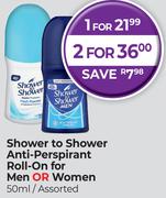 Shower To Shower Anti Perspirant Roll On For Men Or Women Assorted-50ml