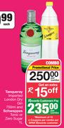 Tanqueray Imported London Dry Gin 750ml & Schweppes Tonic Or Zero Sugar 1L-Per Combo
