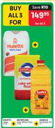 Huletts Sugar 2.5Kg + Snowflake Cake Wheat Flour 2.5Kg + Sunpick Sunflower Oil 2L-For All 3