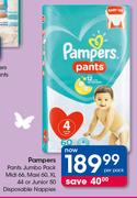 Pampers Pants Jumbo Pack Midi 66,Maxi 60,XL 44 Or Junior 50 Disposable Nappies-Per Pack