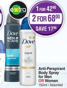 Dove Anti Perspirant Body Spray For Men Or Women Assorted-For 2 x 150ml