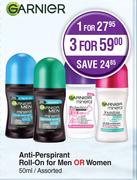 Garnier Anti Perspirant Roll On For Men Or Women Assorted-50ml