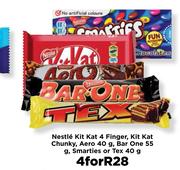 Nestle Kit Kat 4 Finger,  Kit Kat Chunky, Aero 40g, Bar One 55g, Smarties or Tex 40g-For 4