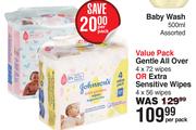 Johnson's Value Pack Gentle All Over 4 x 72 Wipes Or Extra Sensitive Wipes 4 x 56 Wipes-Per Pack