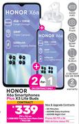 2 x Honor X6a Plus Smartphones Plus X3 Lite Buds-On 1.3GB Red Top Up Core More Data + Flexi 80