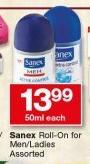 Sanex Roll-On For Men/Ladies-50ml Each