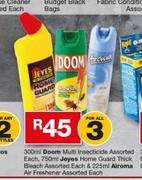 Doom Multi Insecticide-300ml, Jeyes Home Guard Thick Bleach-750ml, Airoma Air Freshener-225ml-For 3