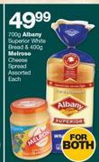 700g Albany Superior White Bread & 400g Melrose Cheese Spread Assorted-For Both