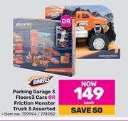 Adventure Wheels Parking Garage 3 Floors 3 Cars Or Friction Monster Truck 3 Assorted-Each