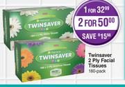 Twinsaver 2 Ply Facial Tissues 180 Pack-For 1