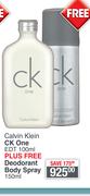 Calvin Klein CK One EDT 100ml Plus Free Deodorant Body Spray 150ml
