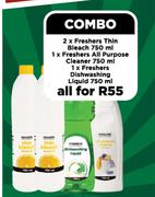 2x Freshers Thin Bleach 750ml, All Purpose Cleaner 750ml & Diswashing Liquid 750ml-Per Combo