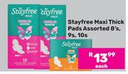 Stayfree Maxi Thick Pads Assorted-8's, 9's, 10's Each