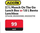 Addis 2.1Ltr Munch On The Go Lunch Box Or 1.6Ltr Bento Lunch Box-Each