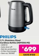 Philips 1.7L Stainless Steel Cordless Kettle HD9350.90