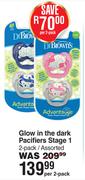 Dr Brown's Glow In The Dark Pacifiers Stage 1 2 Pack Assorted-Per 2 Pack
