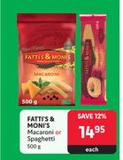 Fatti's & Moni's Macaroni Or Spaghetti-500g Each
