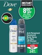 Dove Anti Perspirant Deodorant Body Spray For Men Or Women Assorted-150ml Each