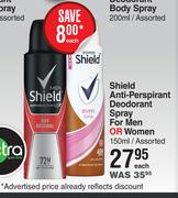 Shield Anti Perspirant Deodorant Spray For Men Or Women Assorted-150ml Each