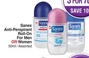 Sanex Anti Perspirant Roll On For Men Or Women Assorted-For 1 x 50ml 