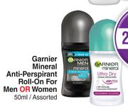 Garnier Mineral Anti Perspirant Roll On For Men Or Women Assorted-For 1 x 50ml 